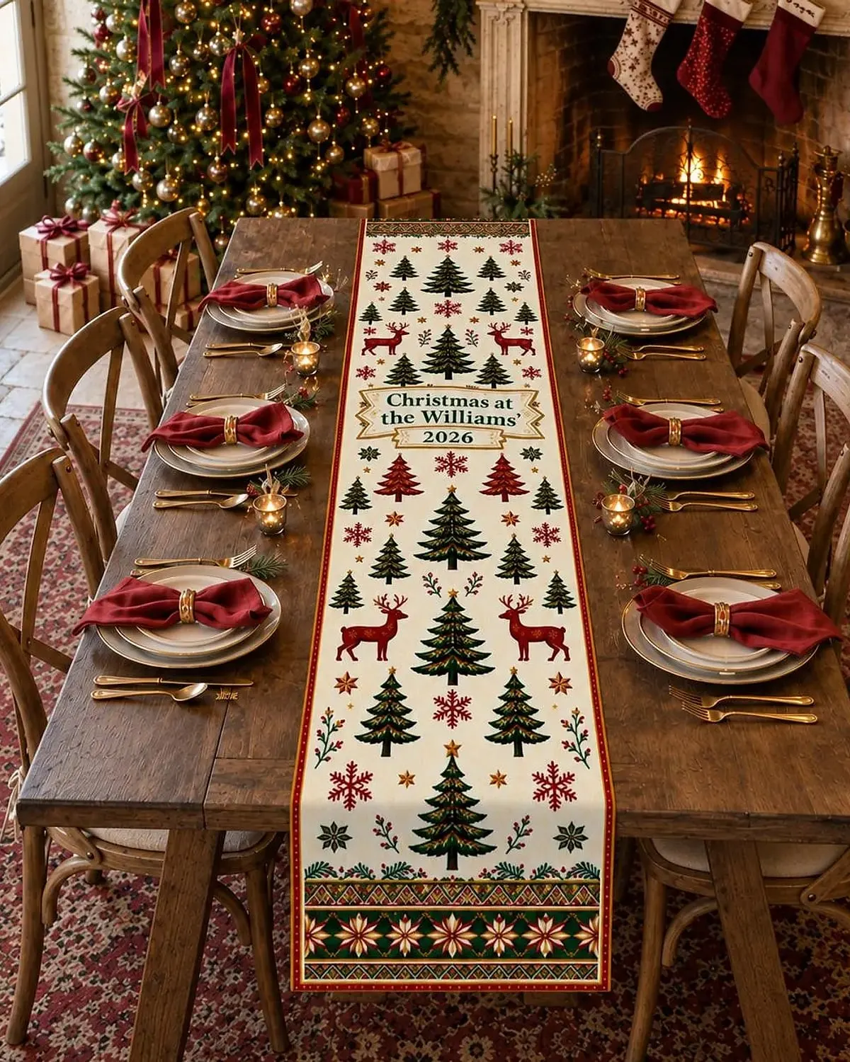 Personalized Christmas table runner across a small dining table