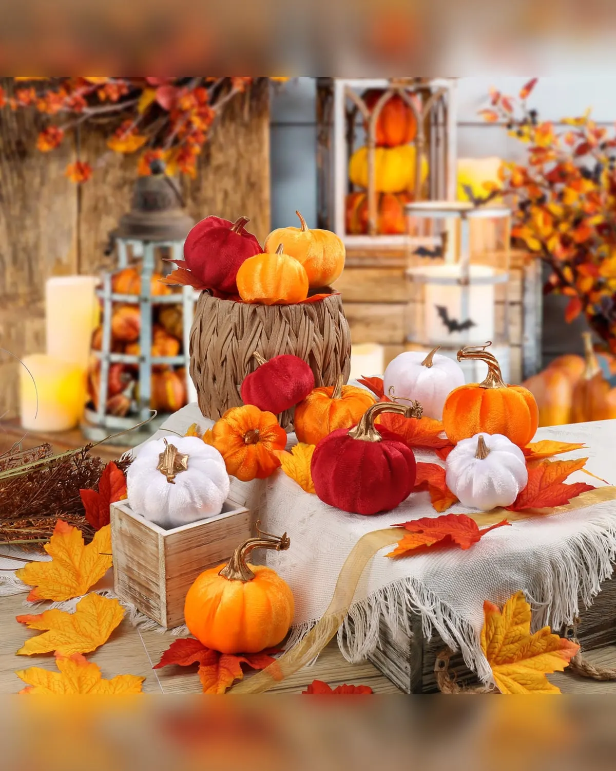 Set of 36 flocked mini artificial pumpkins in orange, white and red on a table