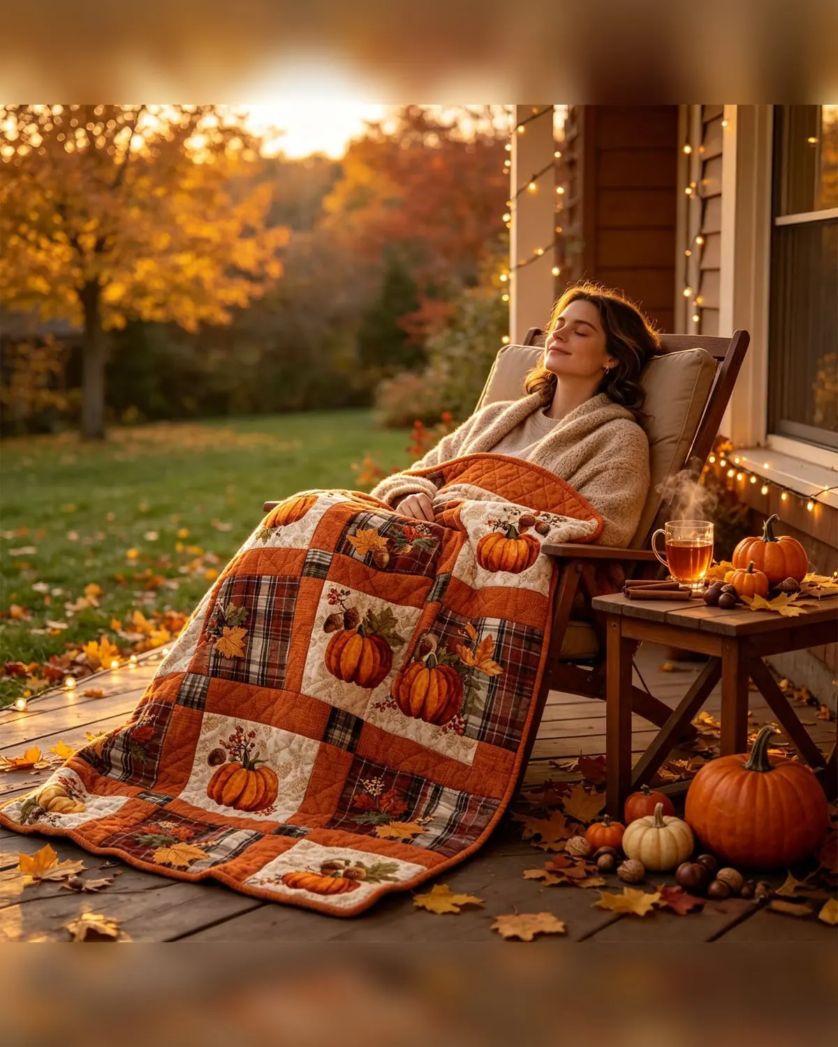 Fall pumpkin plaid flannel throw blanket over an apartment sofa
