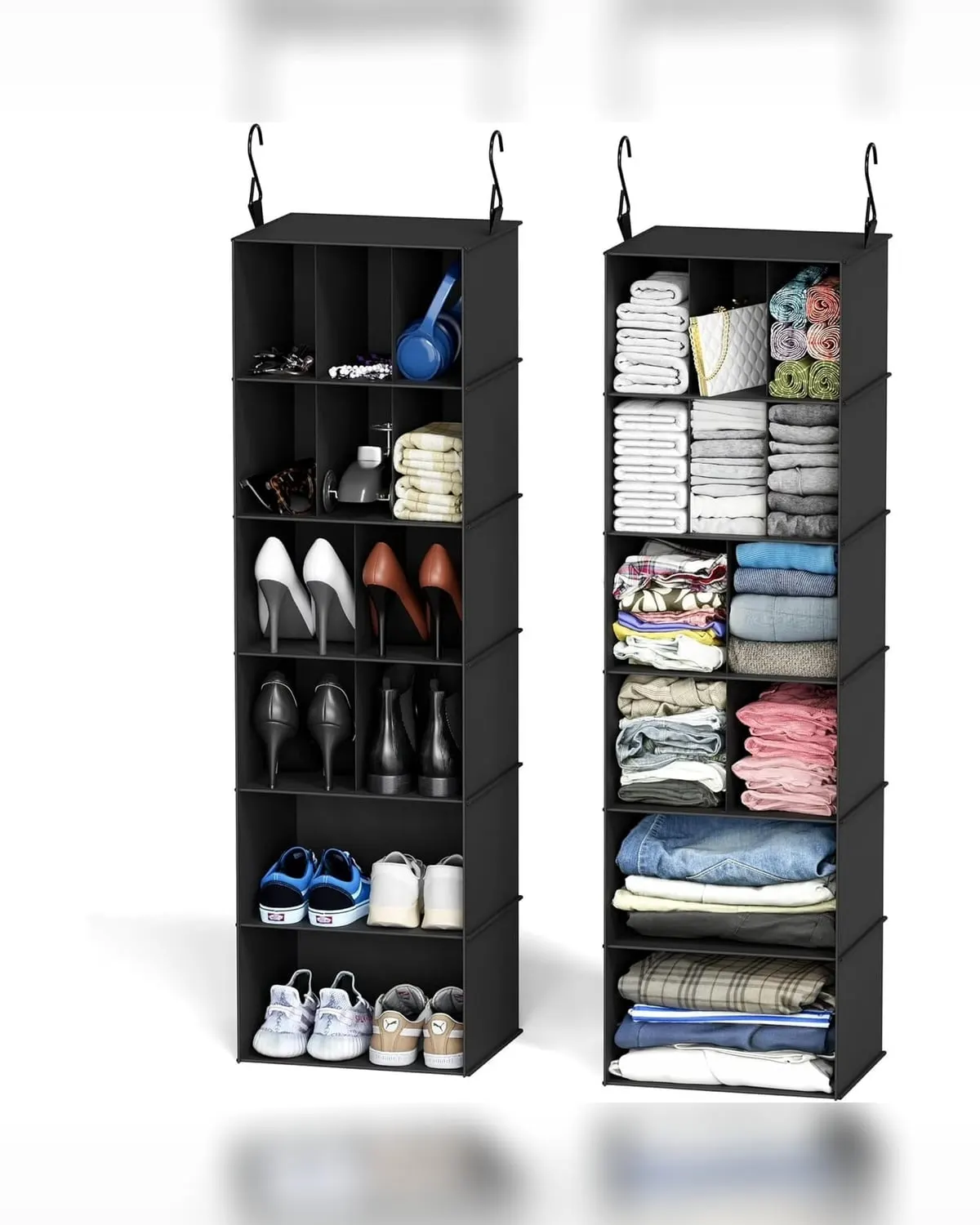 Two black hanging closet shelf organizers with dividers on a rod
