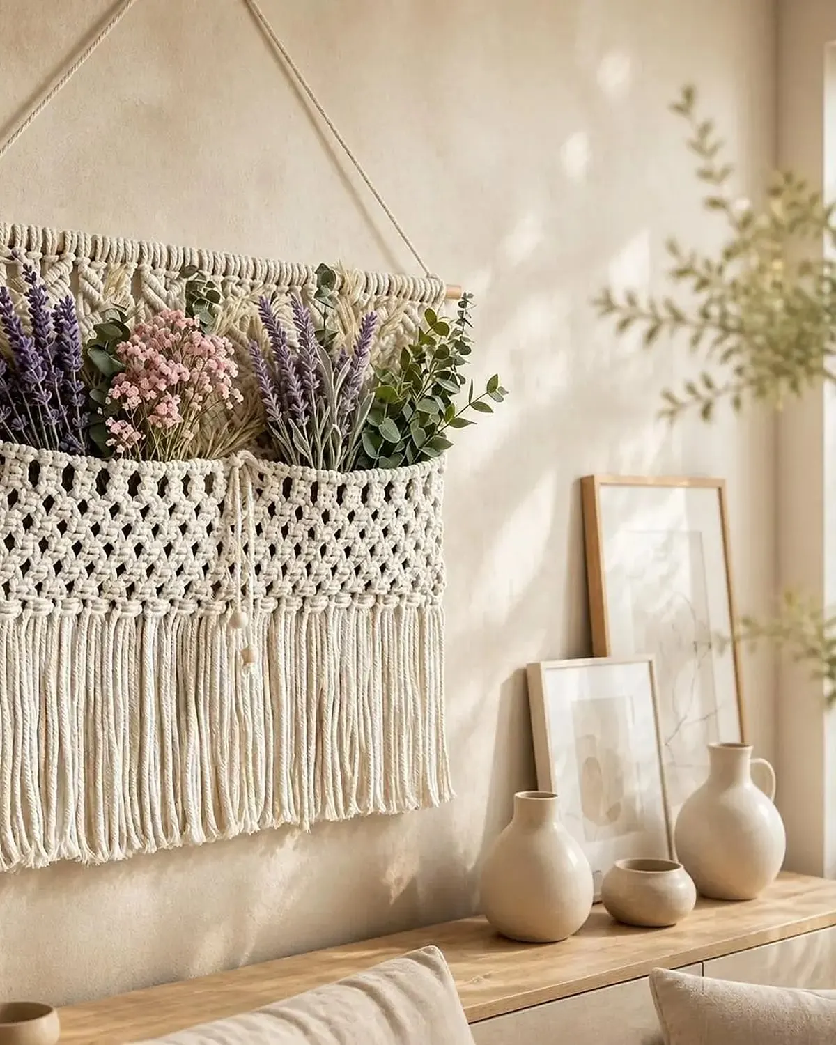 Boho macrame wall organizer with pockets holding mail and dried flowers