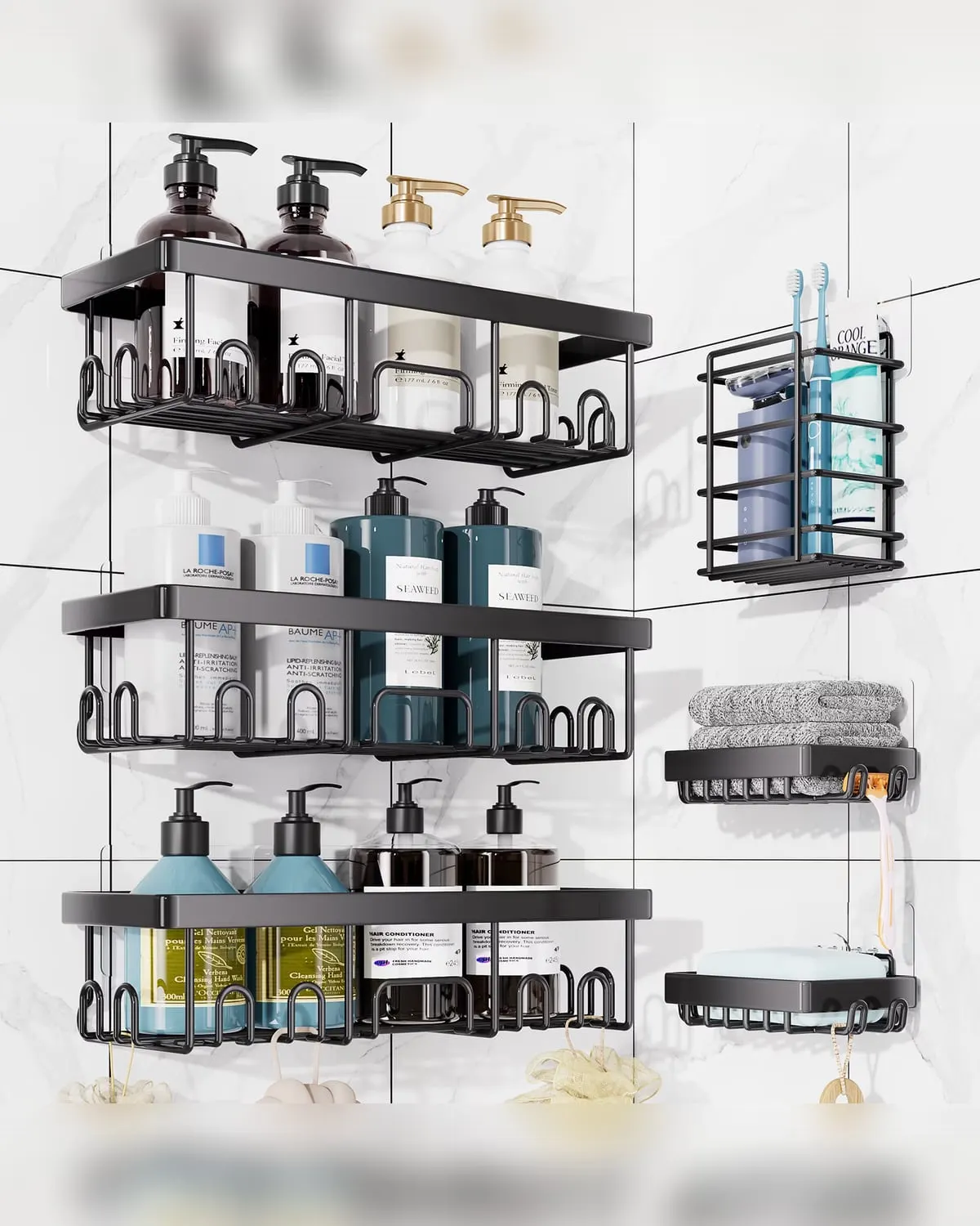 Black adhesive shower caddy shelves mounted on tile without drilling