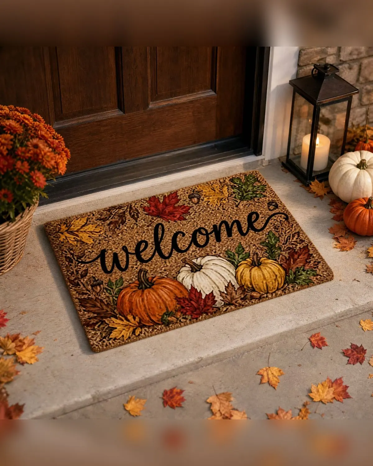Fall pumpkin coir welcome doormat outside an apartment door