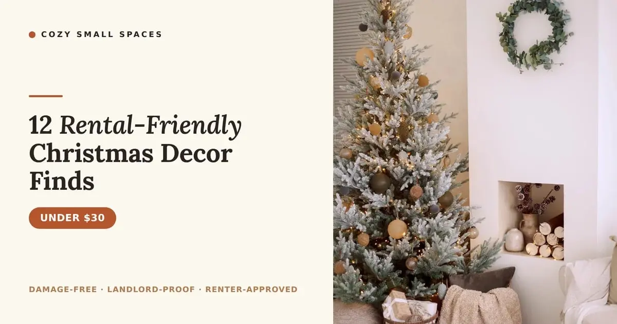 A flocked Christmas tree with warm lights and tonal ornaments beside a eucalyptus wreath and a cosy log nook in a small apartment, with the headline '12 Rental-Friendly Christmas Decor Finds'