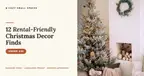 A flocked Christmas tree with warm lights and tonal ornaments beside a eucalyptus wreath and a cosy log nook in a small apartment, with the headline '12 Rental-Friendly Christmas Decor Finds'