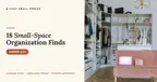 An organized white walk-in closet with neatly shelved clothes, shoes and storage boxes beside a small pink sofa, with the headline '18 Small-Space Organization Finds'