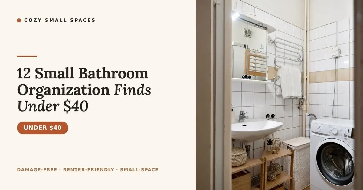 A bright white-tiled small rental bathroom with a pedestal sink, mirror, heated towel rail, washing machine and woven under-sink baskets, with the headline '12 Small Bathroom Organization Finds Under $40'