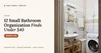 A bright white-tiled small rental bathroom with a pedestal sink, mirror, heated towel rail, washing machine and woven under-sink baskets, with the headline '12 Small Bathroom Organization Finds Under $40'