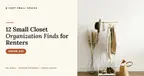 A minimalist freestanding clothes rail with neutral knits, a hat and pampas grass beside shoes and a woven bag, with the headline '12 Small Closet Organization Finds for Renters'