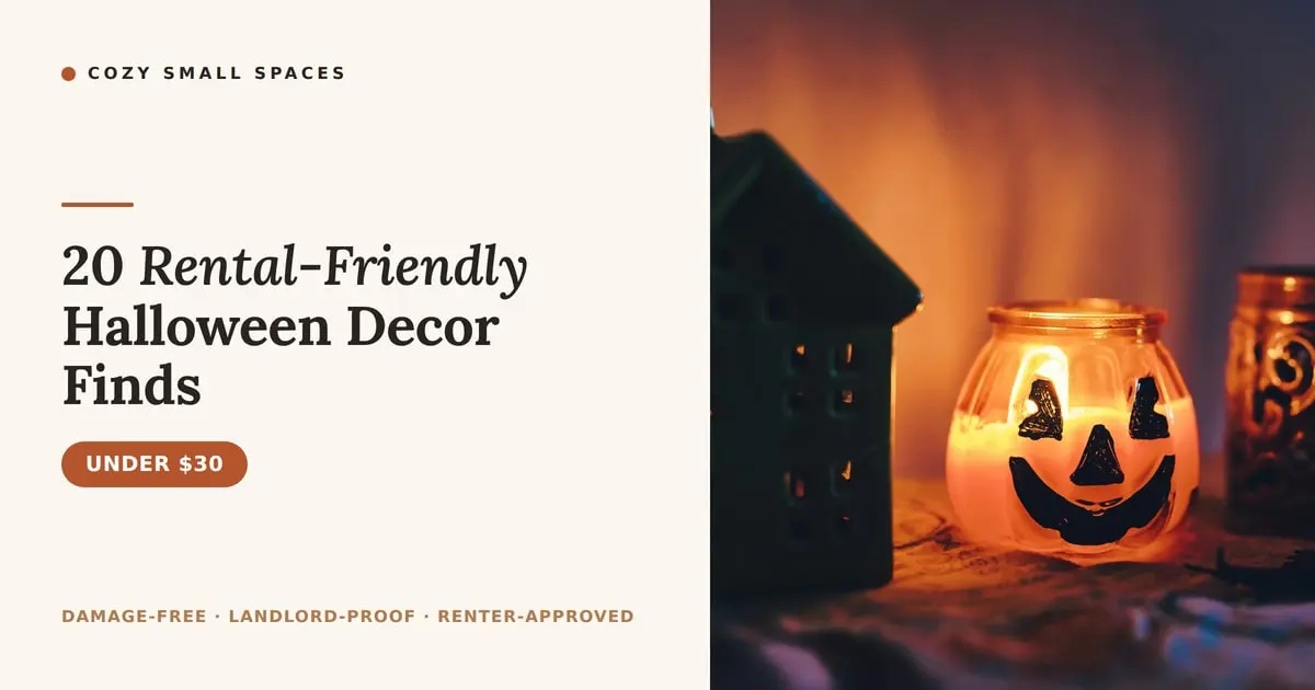A glowing jack-o'-lantern candle jar and a ceramic house lantern lit on a shelf in warm candlelight, with the headline '20 Rental-Friendly Halloween Decor Finds'