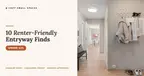 A small apartment entryway — a wall-mounted rack of coats above a bench with shoes lined up by the door in a bright hallway, with the headline '10 Renter-Friendly Entryway Finds'