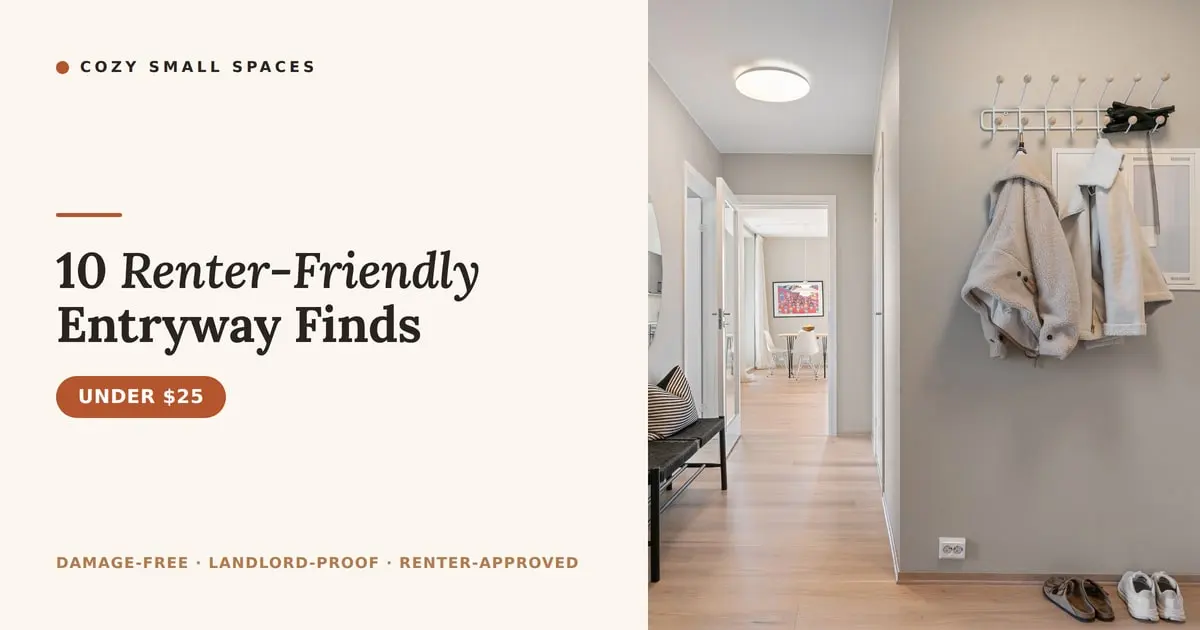 A small apartment entryway — a wall-mounted rack of coats above a bench with shoes lined up by the door in a bright hallway, with the headline '10 Renter-Friendly Entryway Finds'